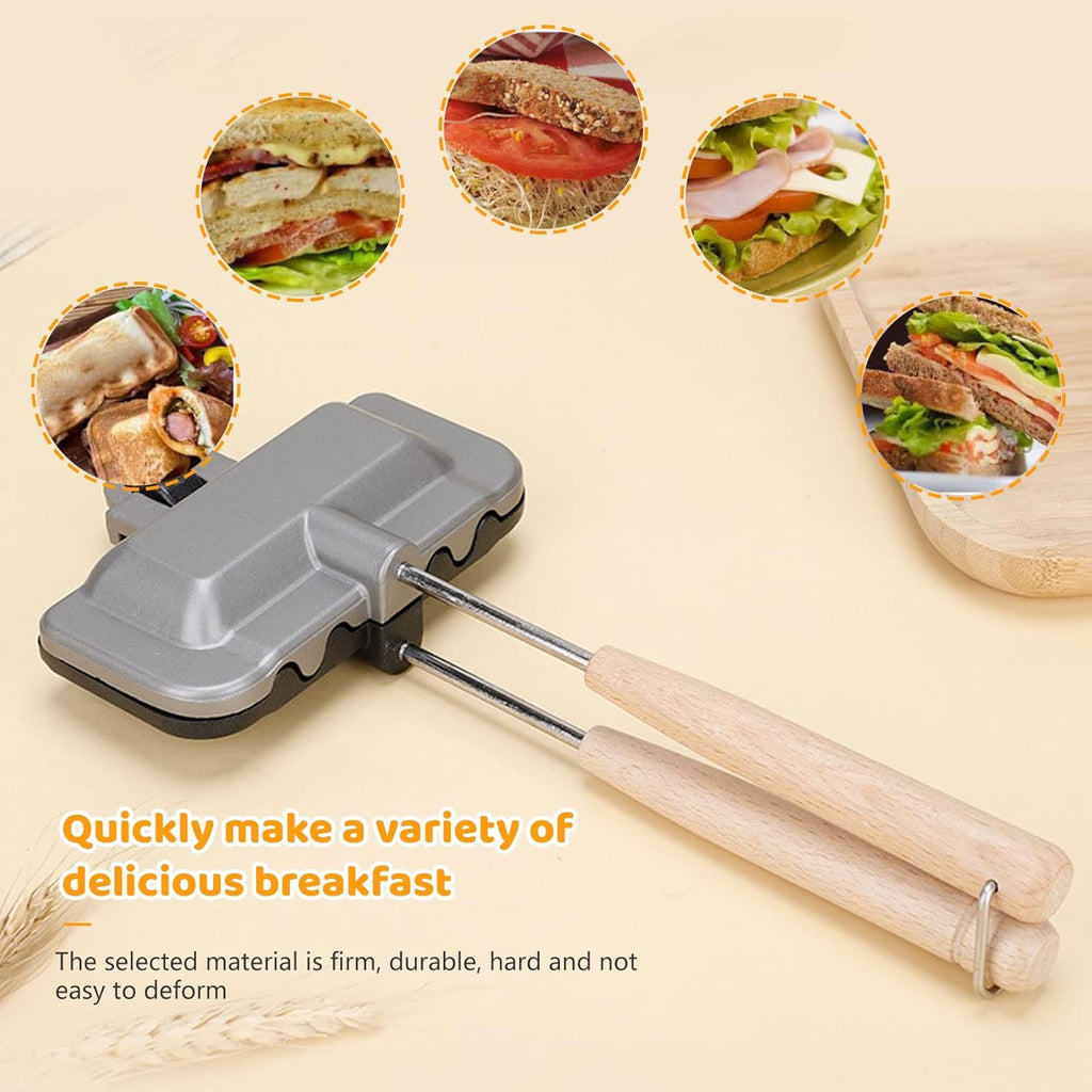 Sandwich pan with wooden handles and locking clip